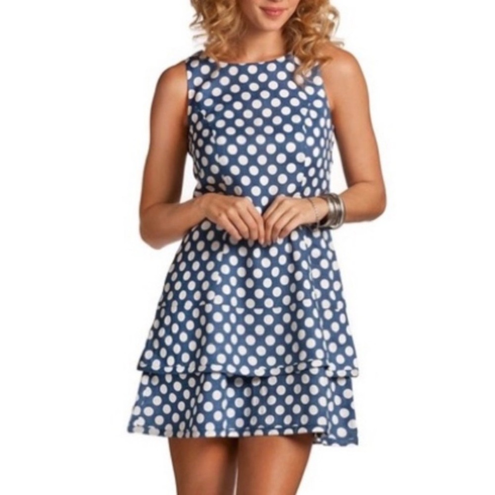 Island Company Mermaid Dress XS Blue White Polka Dot Linen Tiered Sleeveless